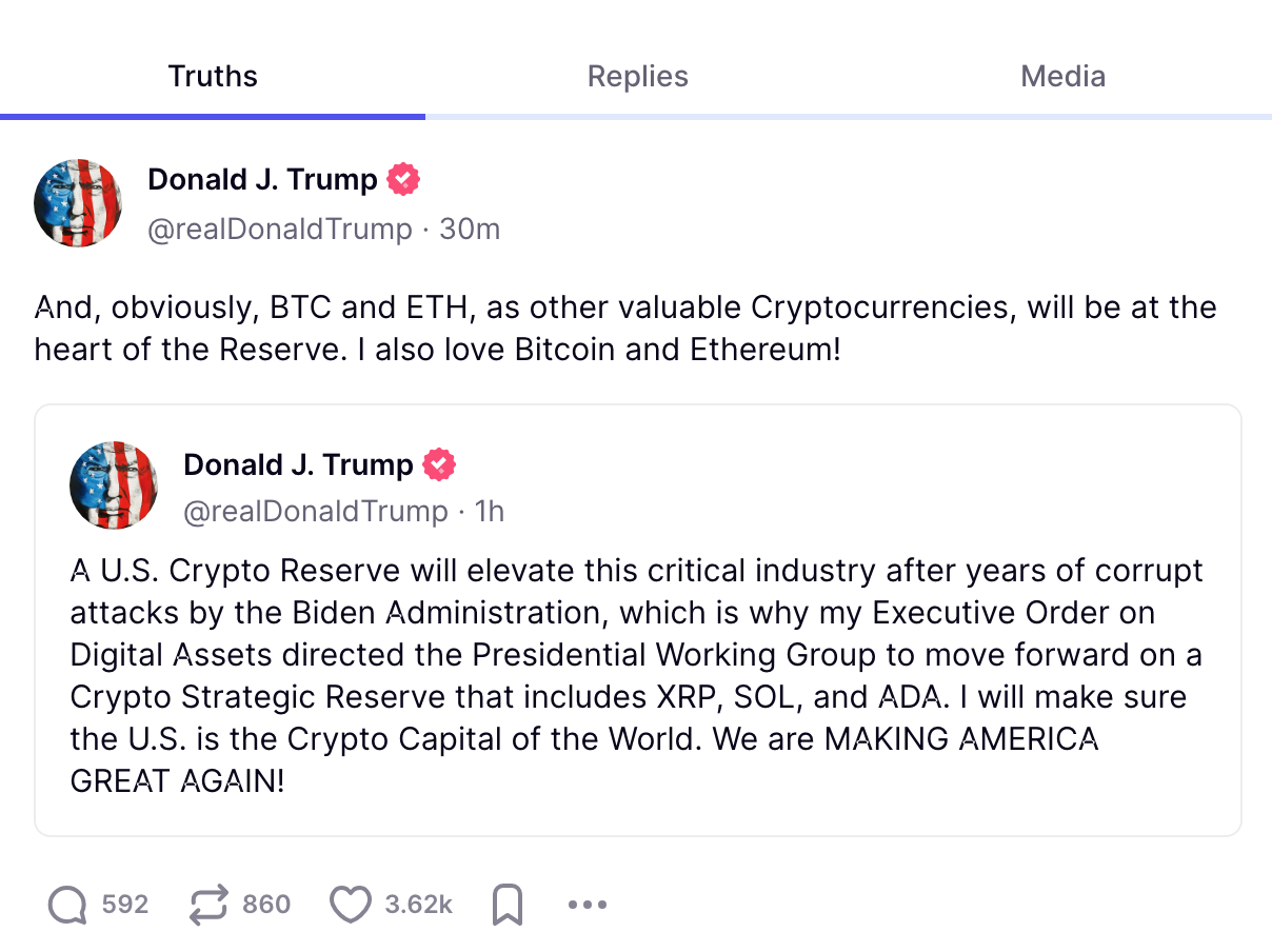 Pres. Trump announces US Crypto Strategic Reserve to include XRP, SOL, ADA, ETH, and Bitcoin
